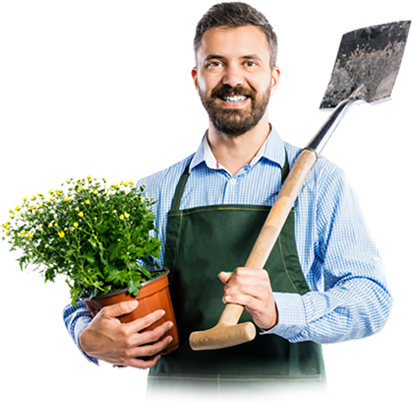 image of a landscaper with flower pot and shovel