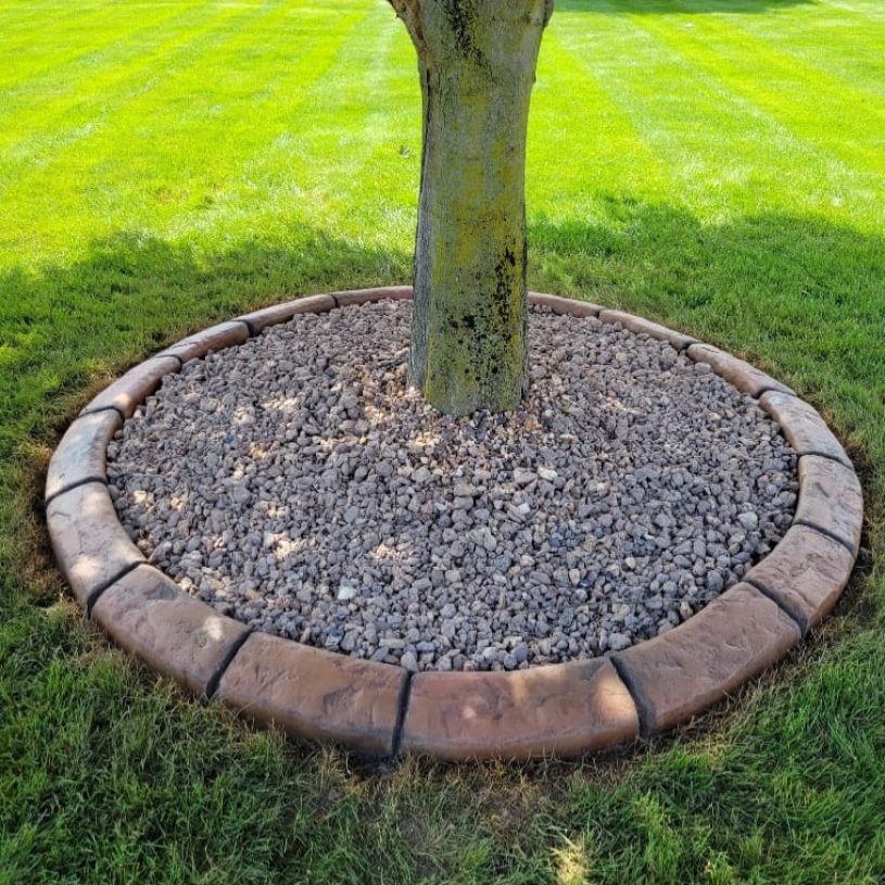landscaped tree with rocks and bricks